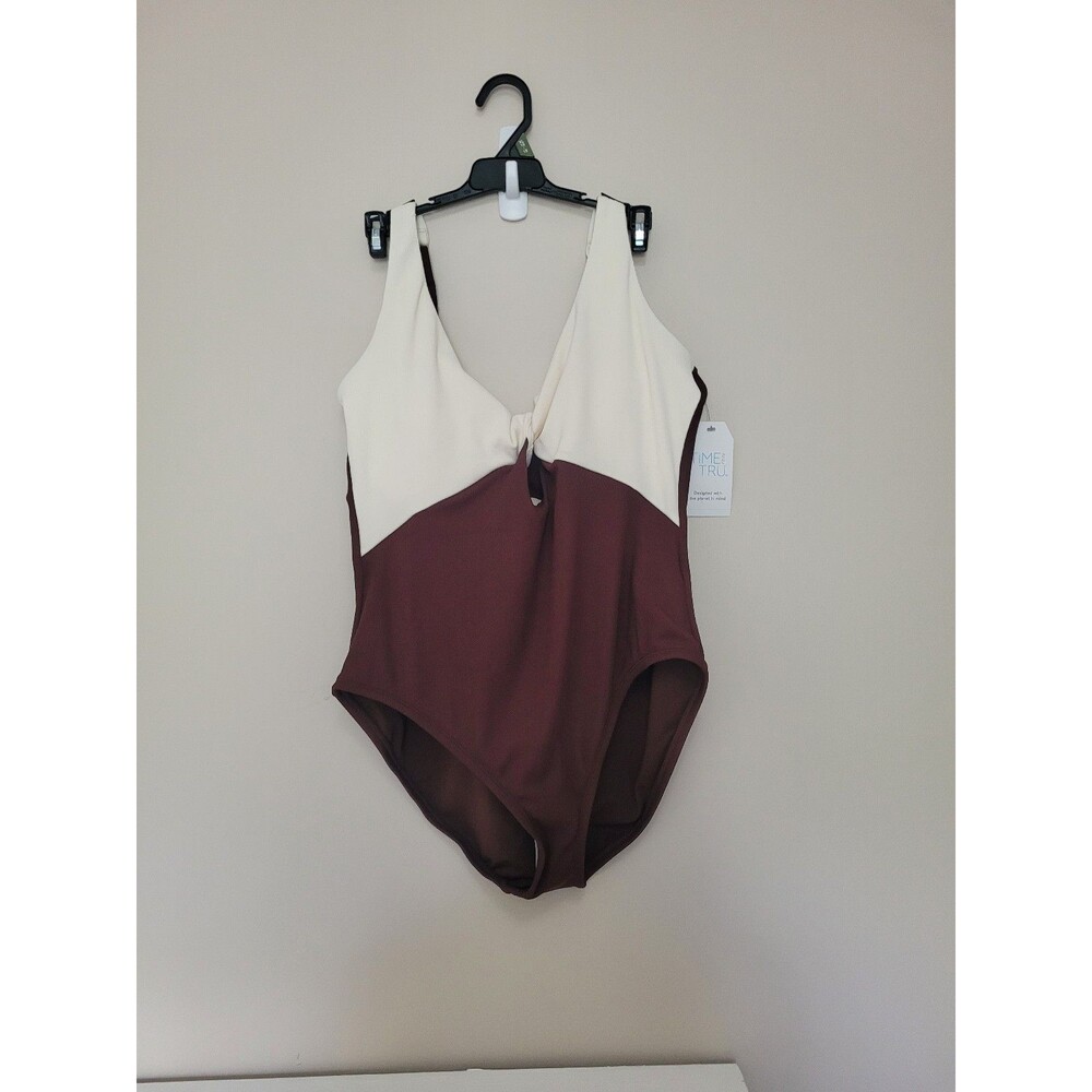 NWT Time and Tru Brown Cream Colorblock Twist Front One Piece Swimsuit XL 16-18 - Picture 2 of 6